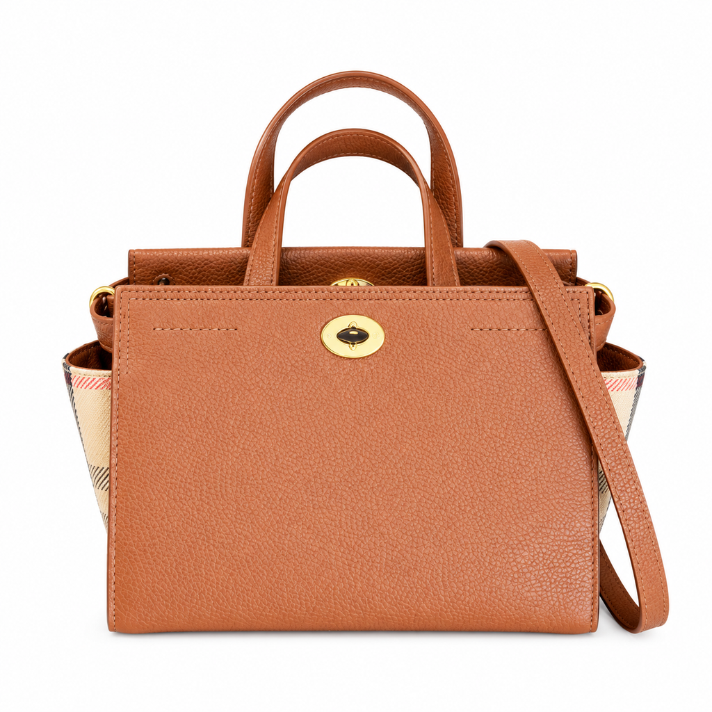 Burberry Cognac Check-Panel Top Handle Bag