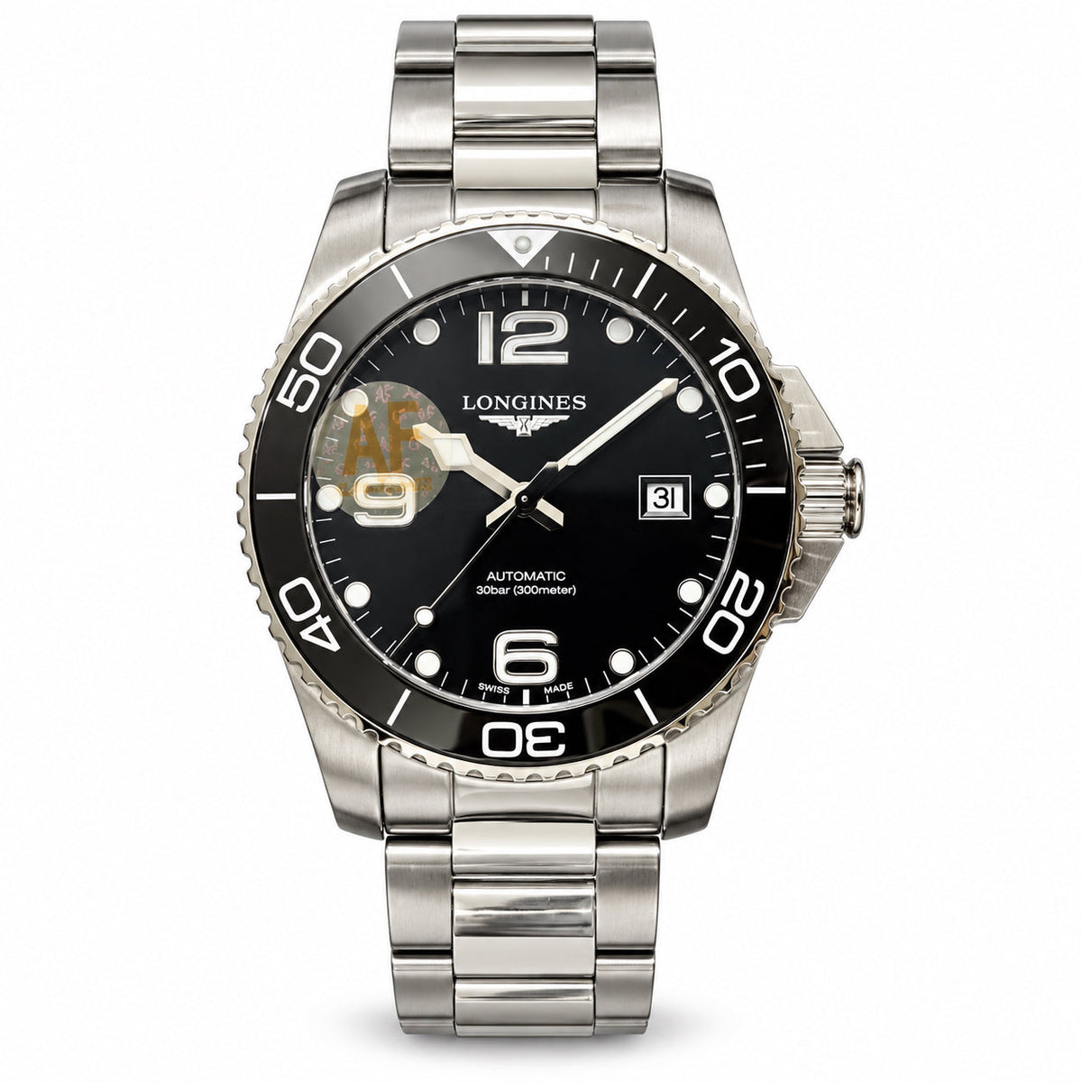 Longines HydroConquest automatic diver watch with black ceramic bezel and stainless steel bracelet