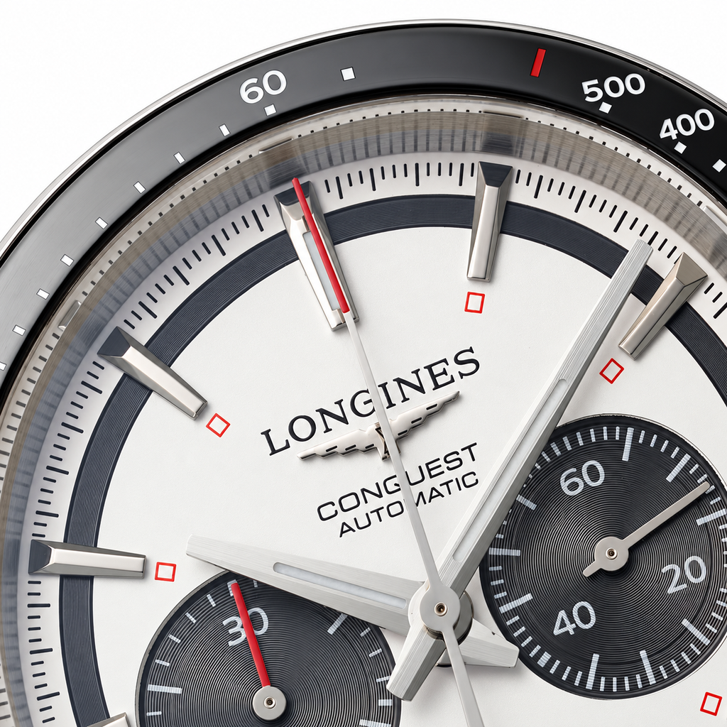 Longines Conquest Automatic Chronograph White Dial Red Accents