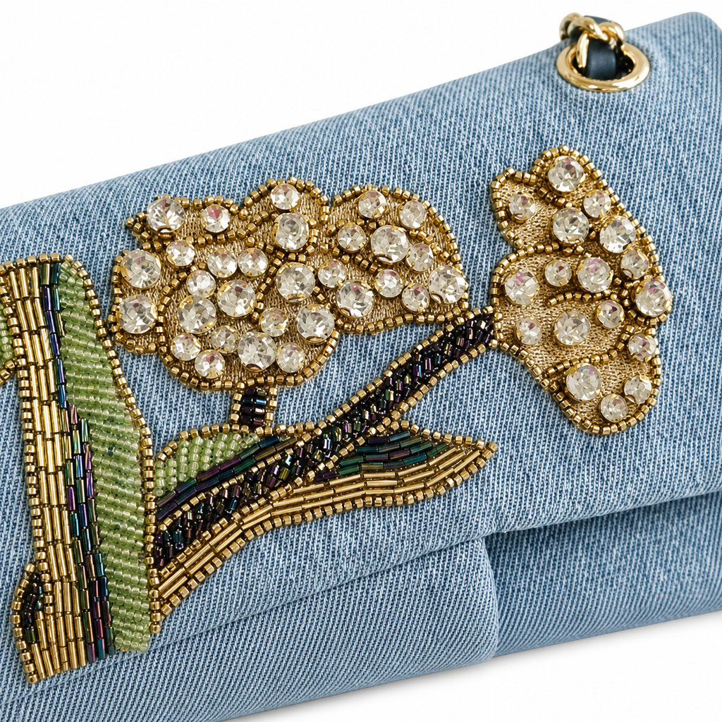 Chanel Denim Classic Flap Crystal Floral Embroidery Gold CC