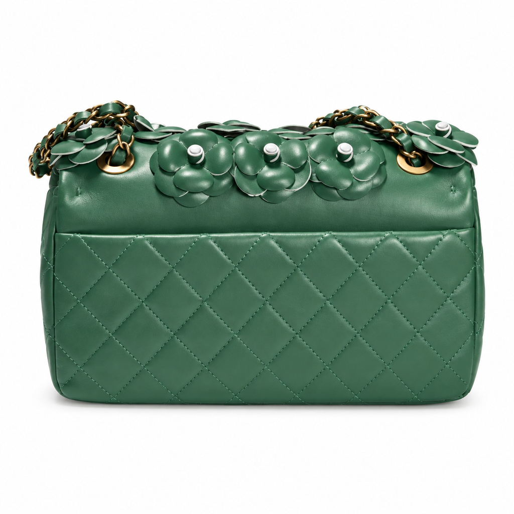 Chanel Camellia Flap Bag Green Lambskin Antique Gold 25cm