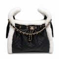 Chanel Quilted Hobo Bag Black Calfskin & White Shearling | Gold CC Chain — 30cm