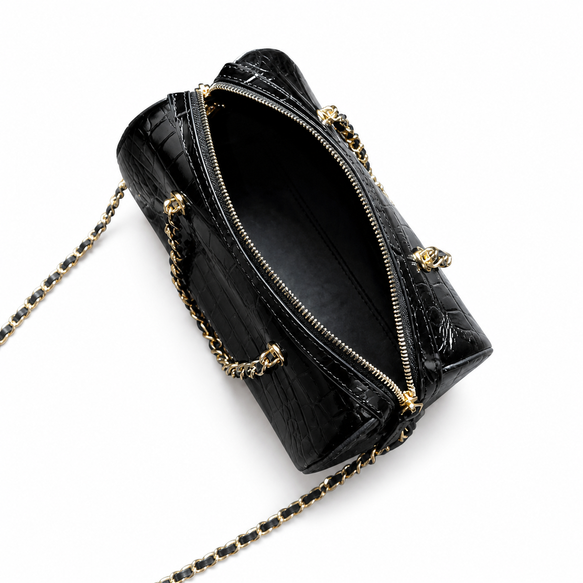 Chanel Deauville Croc-Embossed Black Zip Chain Bag