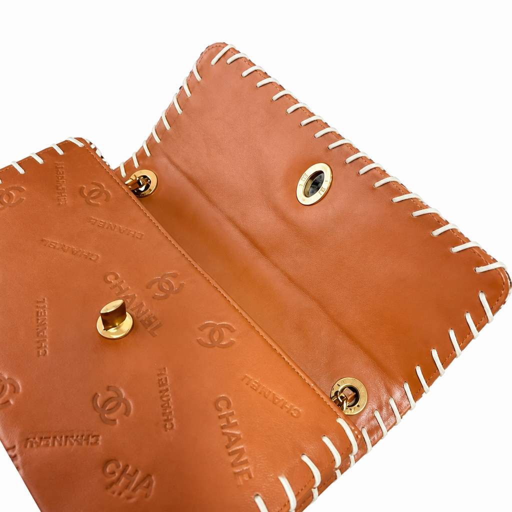 Chanel CC Monogram Embossed Tan Leather Flap Bag Whipstitch