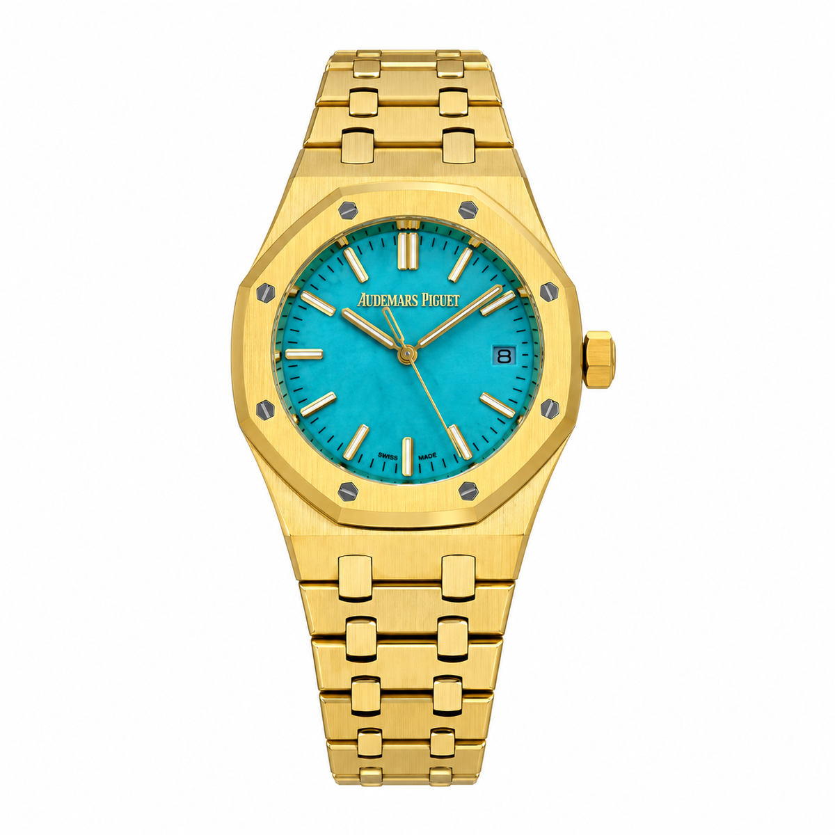 Audemars Piguet Royal Oak 18K Yellow Gold Turquoise Tapisserie Petit-Carreaux Dial Date Integrated Yellow Gold Bracelet Watch