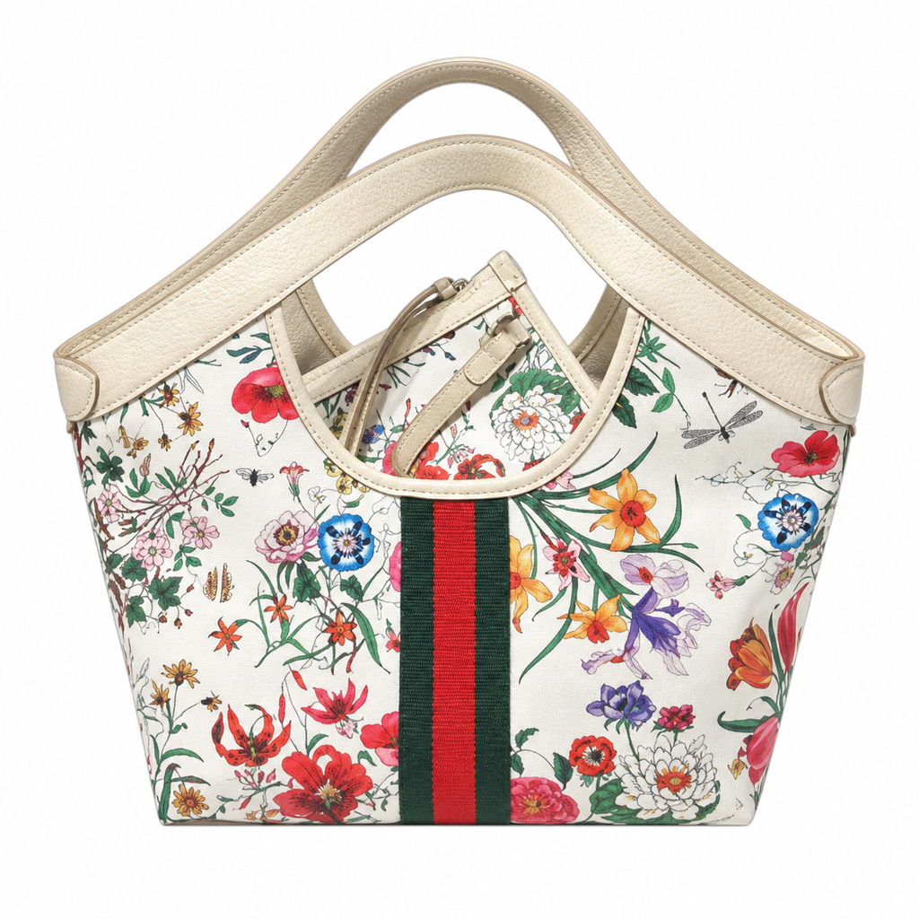 Gucci Ophidia Flora Print Web Stripe Round Handle Tote