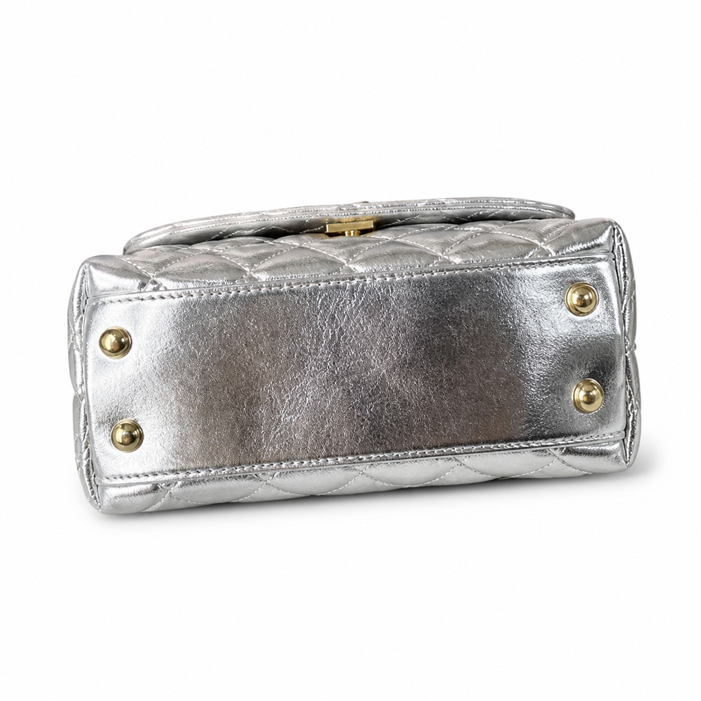 Chanel Silver Metallic Quilted Mini Flap Charm Top Handle Gold Chain