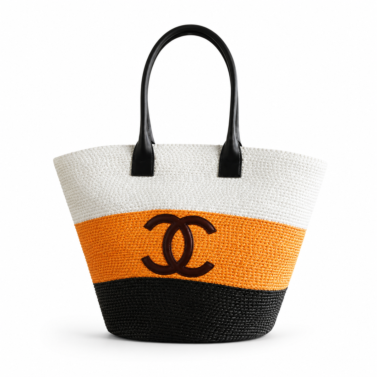 Chanel Striped Raffia Beach Tote White Orange Black CC