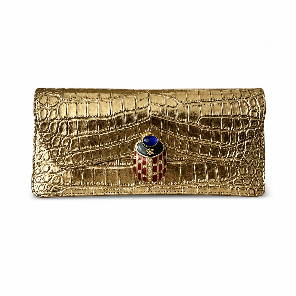 Chanel Gold Croc-Embossed Evening Clutch | Jeweled Scarab — Blue Lapis & Red Enamel Gold Star — 30cm