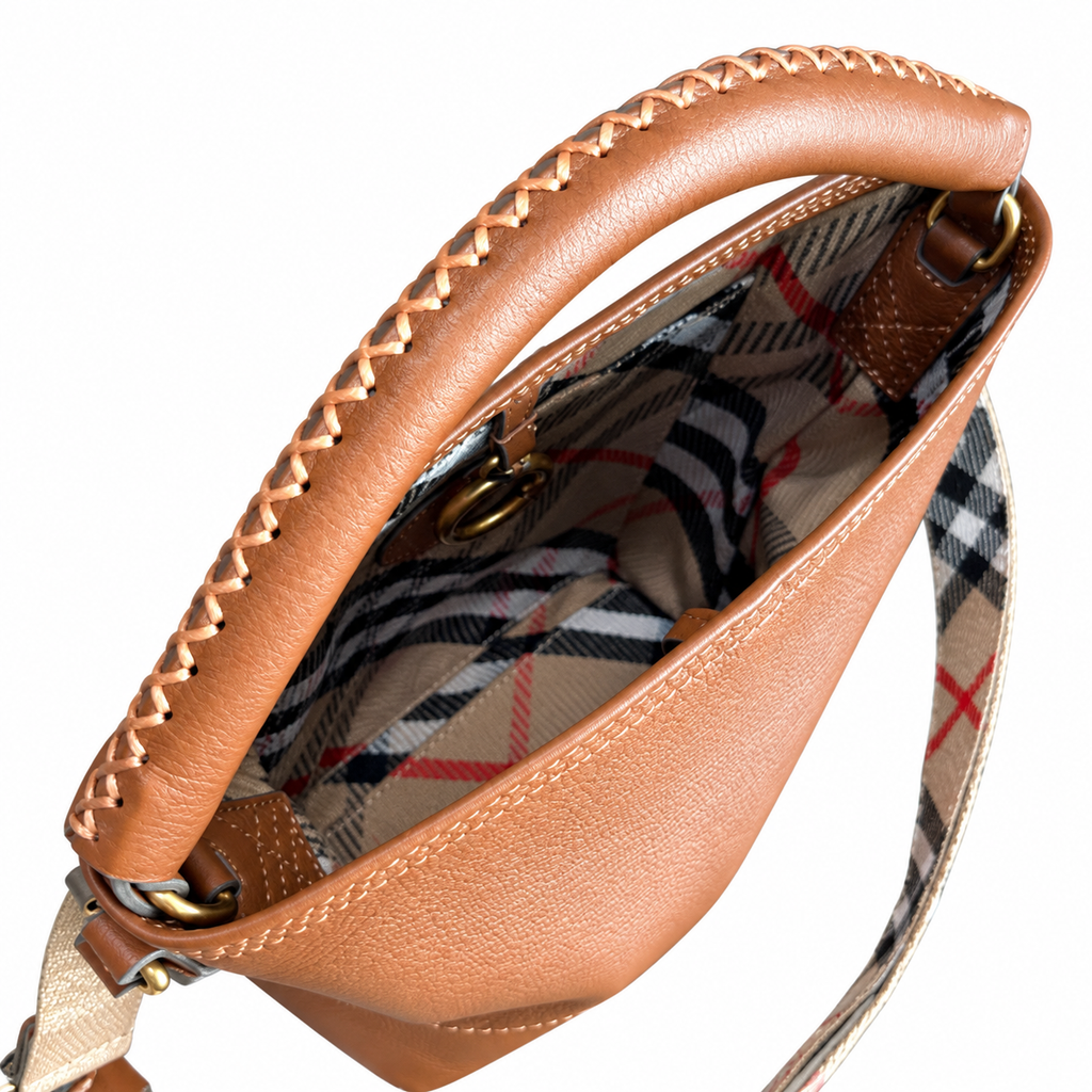 Burberry Cognac Bucket Bag with Heritage Check Strap