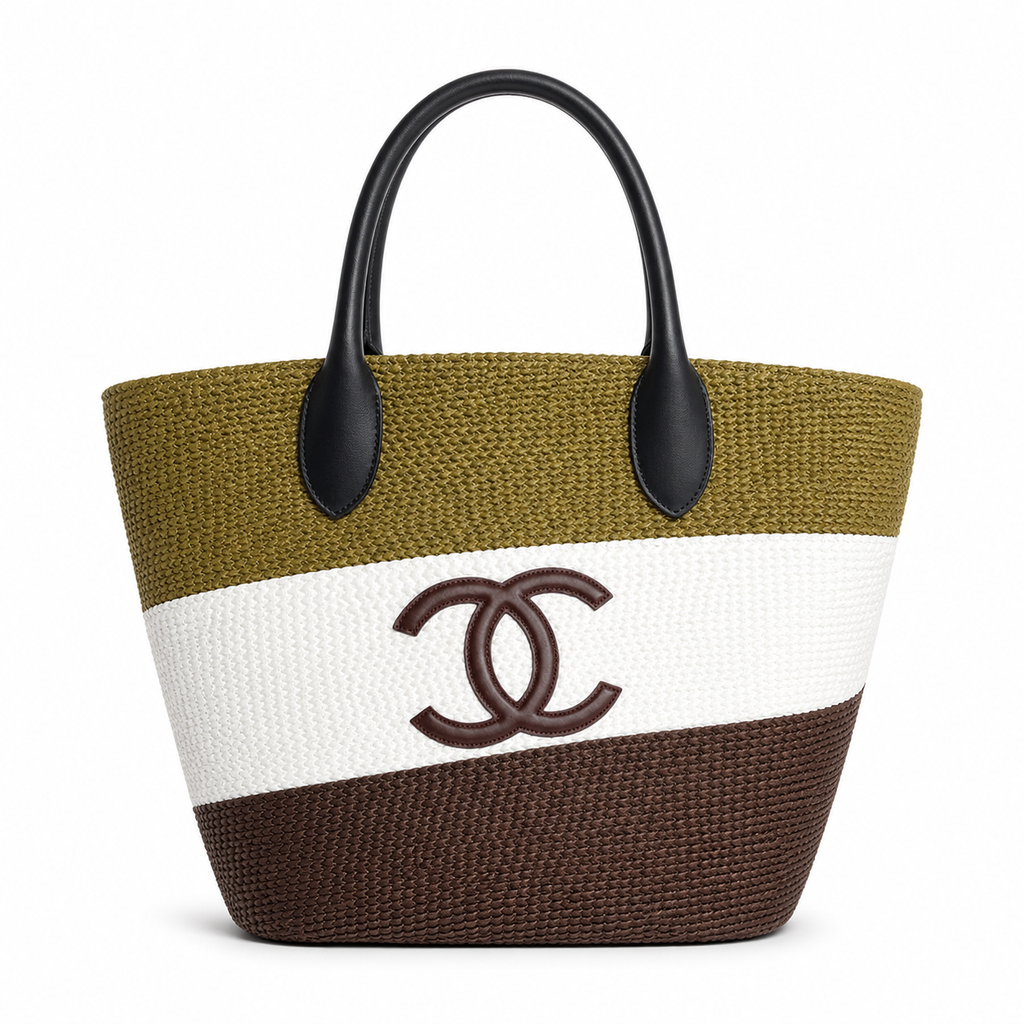 Chanel Striped Raffia Beach Tote Olive White Dark Brown CC