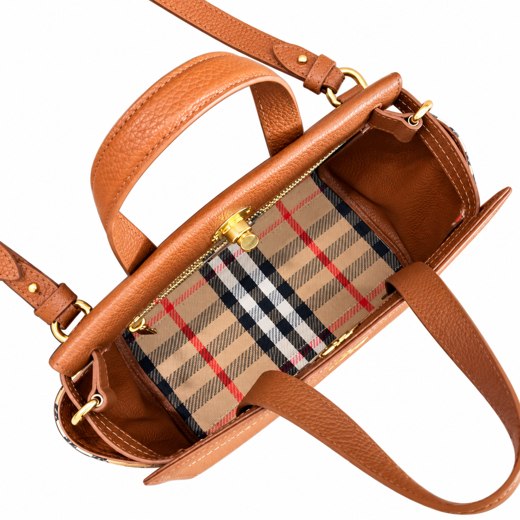 Burberry Cognac Check-Panel Top Handle Bag