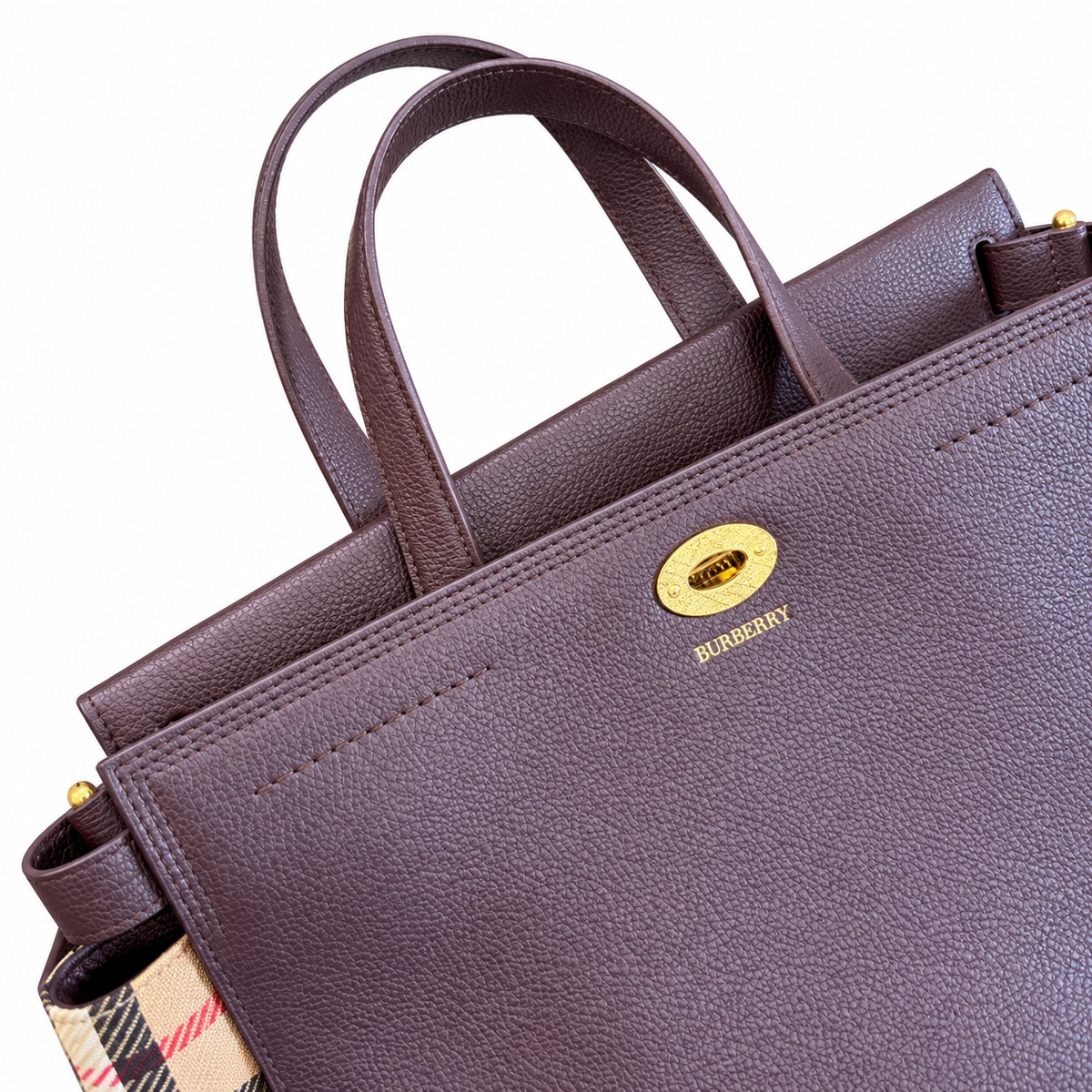 Burberry Check-Panel Dark Brown Top Handle Bag