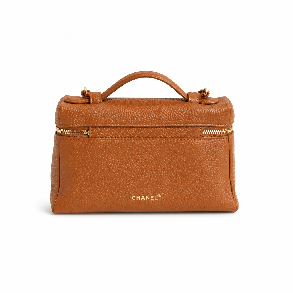 Chanel Tan Caviar Vanity Case Gold CC Top Handle Chain