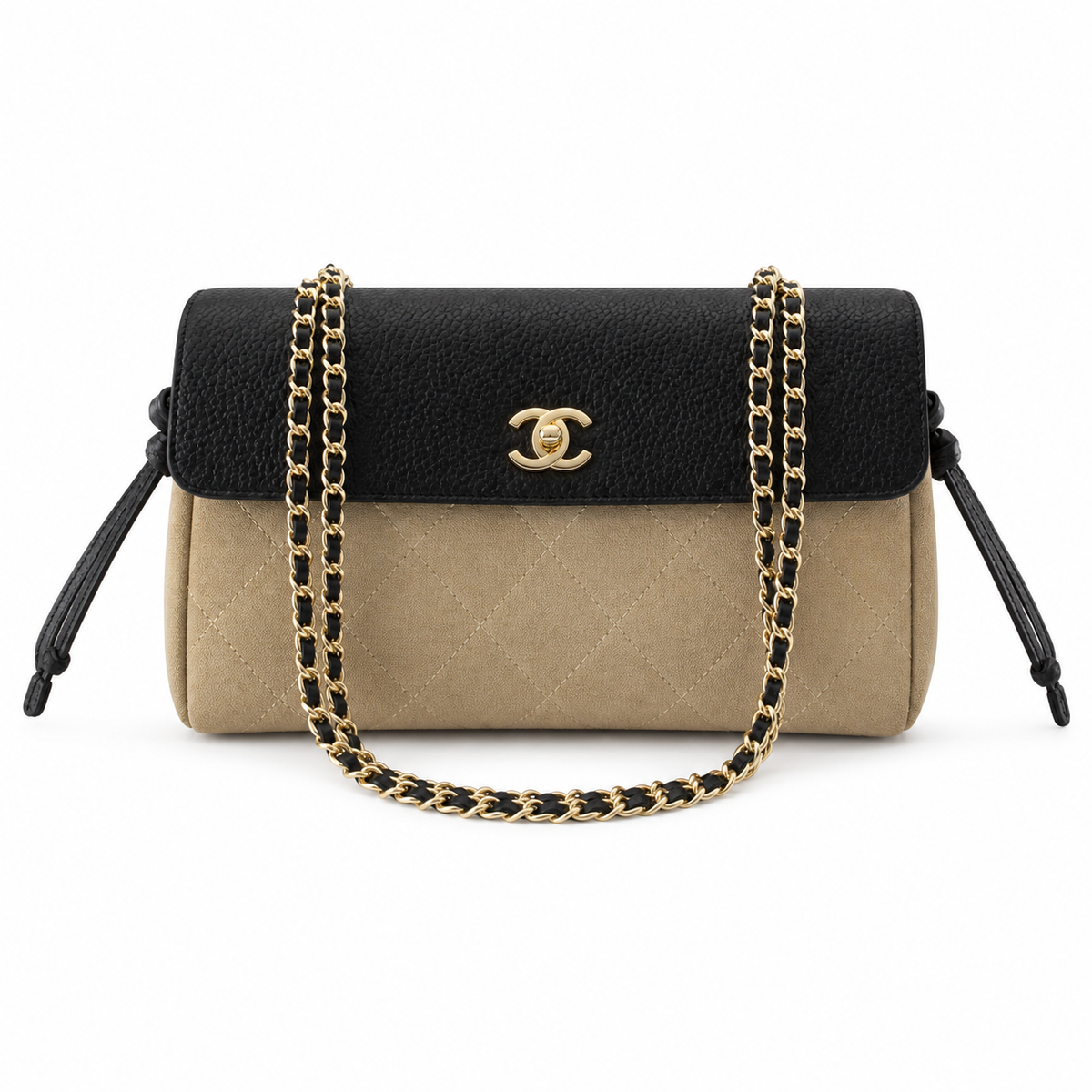 Chanel Two-Tone Drawstring Flap Black Caviar & Taupe Suede | Gold CC Turn-Lock — 29cm