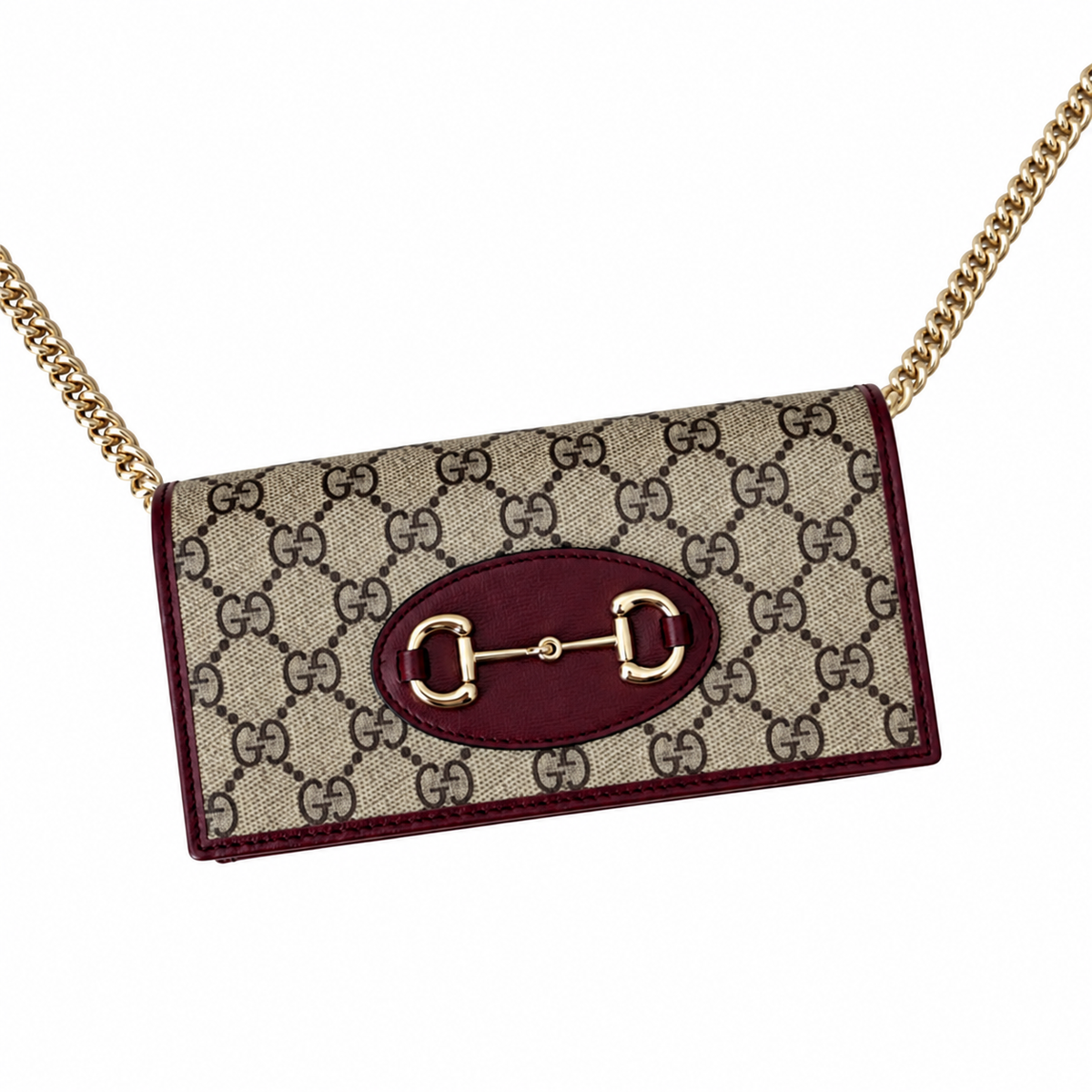 Gucci Horsebit 1955 Chain Wallet in GG Supreme Canvas with Bordeaux Leather Trim