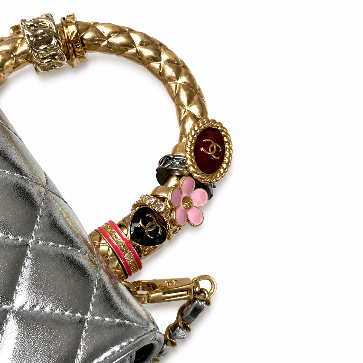 Chanel Silver Metallic Quilted Mini Flap Charm Top Handle Gold Chain