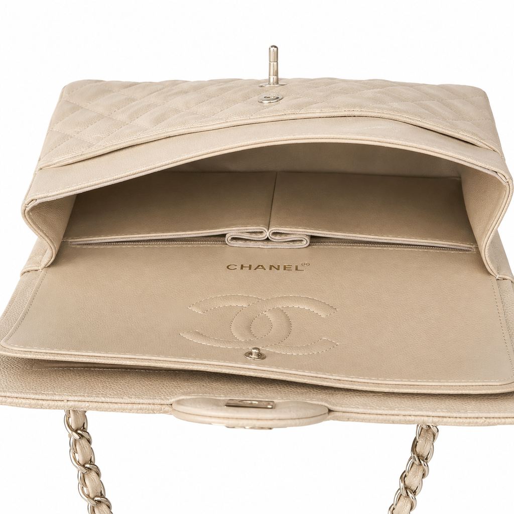 Chanel Classic Double Flap Bag Ivory Caviar Silver Hardware
