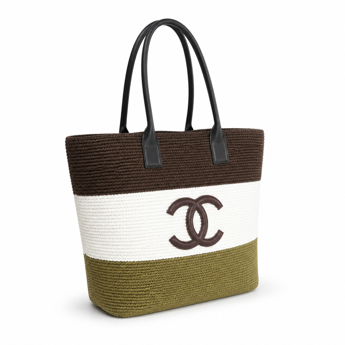 Chanel Striped Raffia Beach Tote Olive White Dark Brown CC