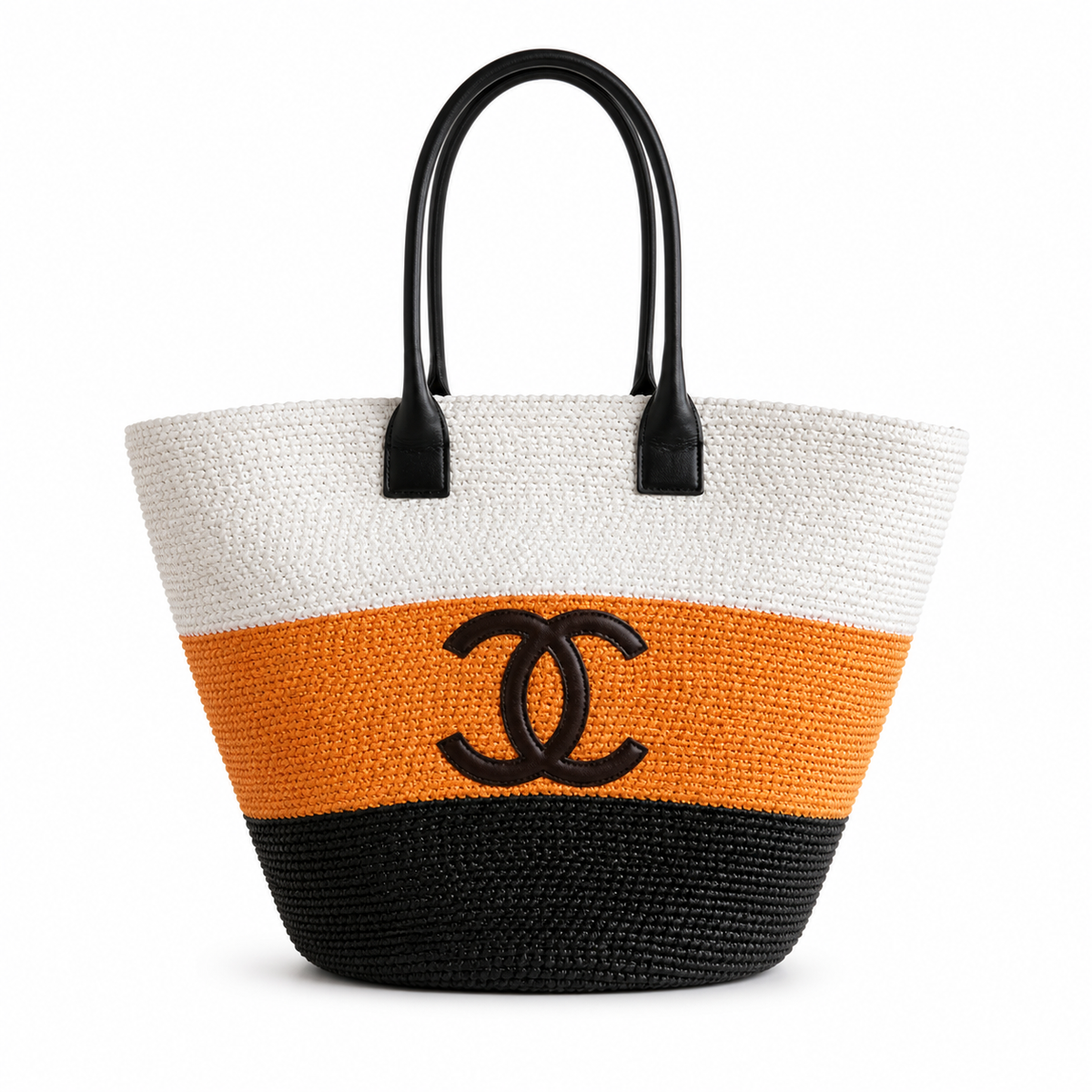 Chanel Striped Raffia Beach Tote White Orange Black CC