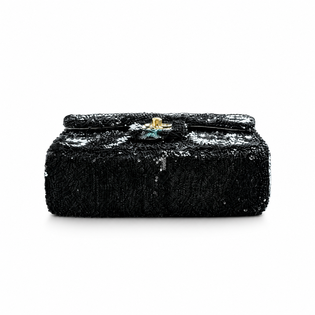 Chanel Classic Flap Black Silver Sequin CC Turn-Lock Bag