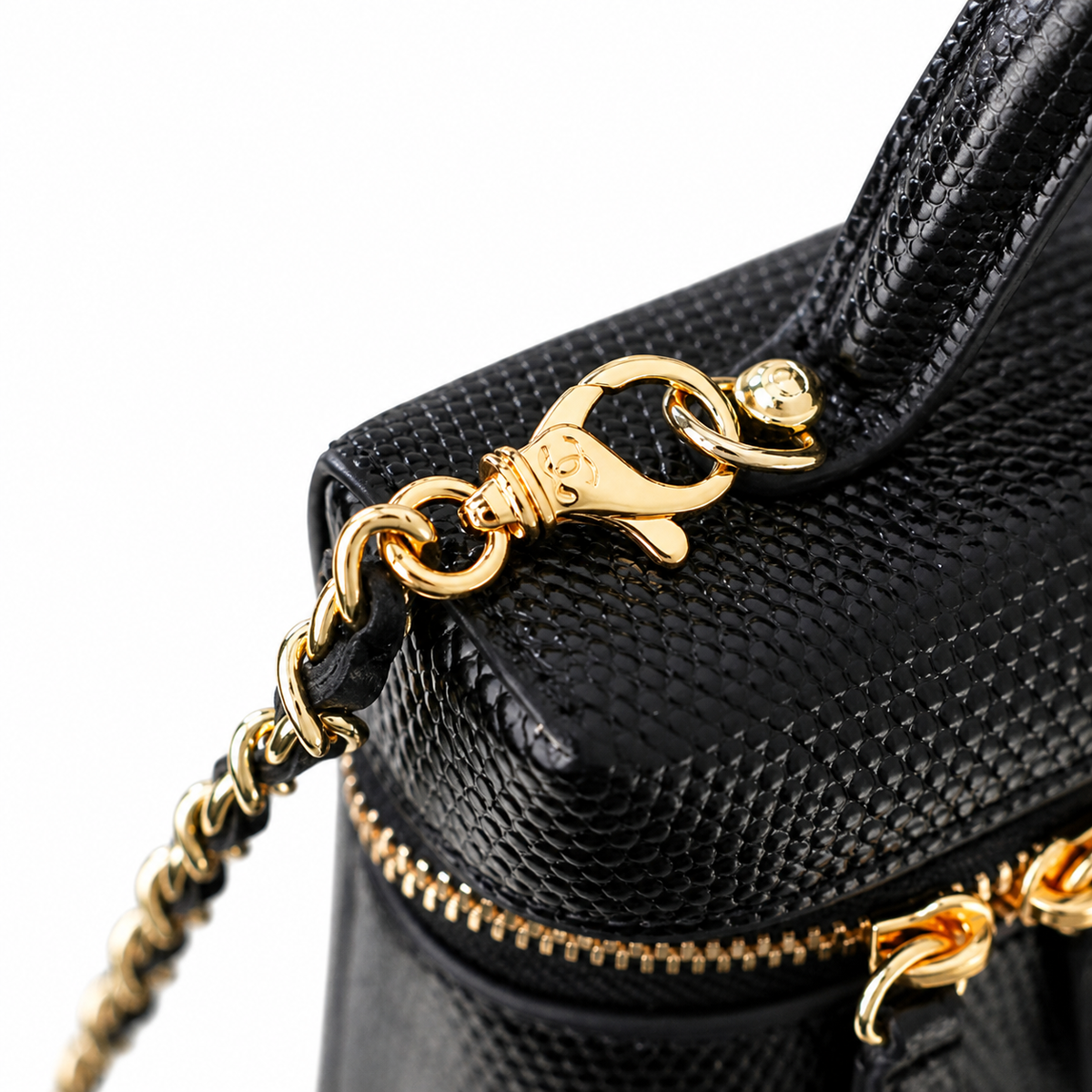 Chanel Vanity Case Black Lizard-Embossed Gold Hardware 18cm