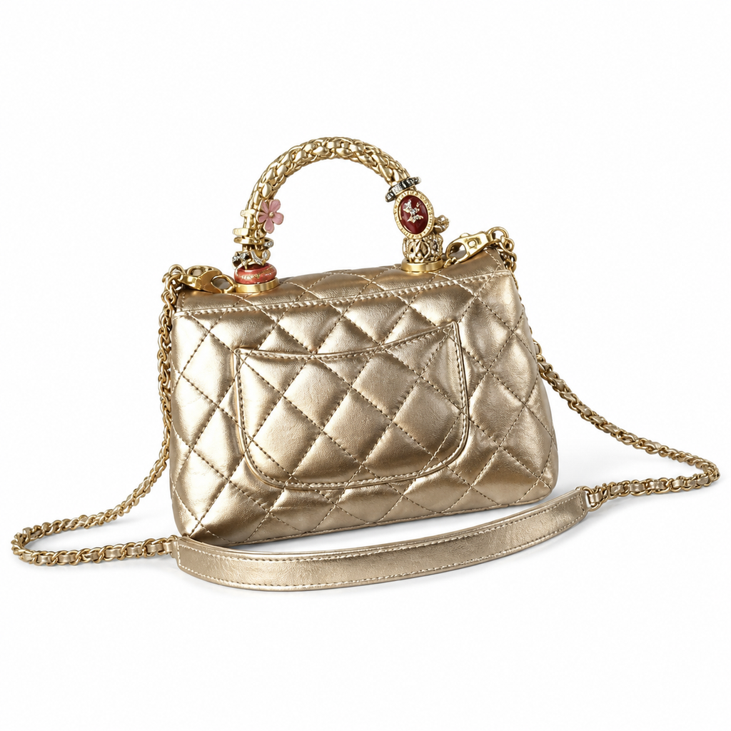 Chanel Gold Metallic Quilted Mini Flap Camellia Turn-Lock Charm Handle