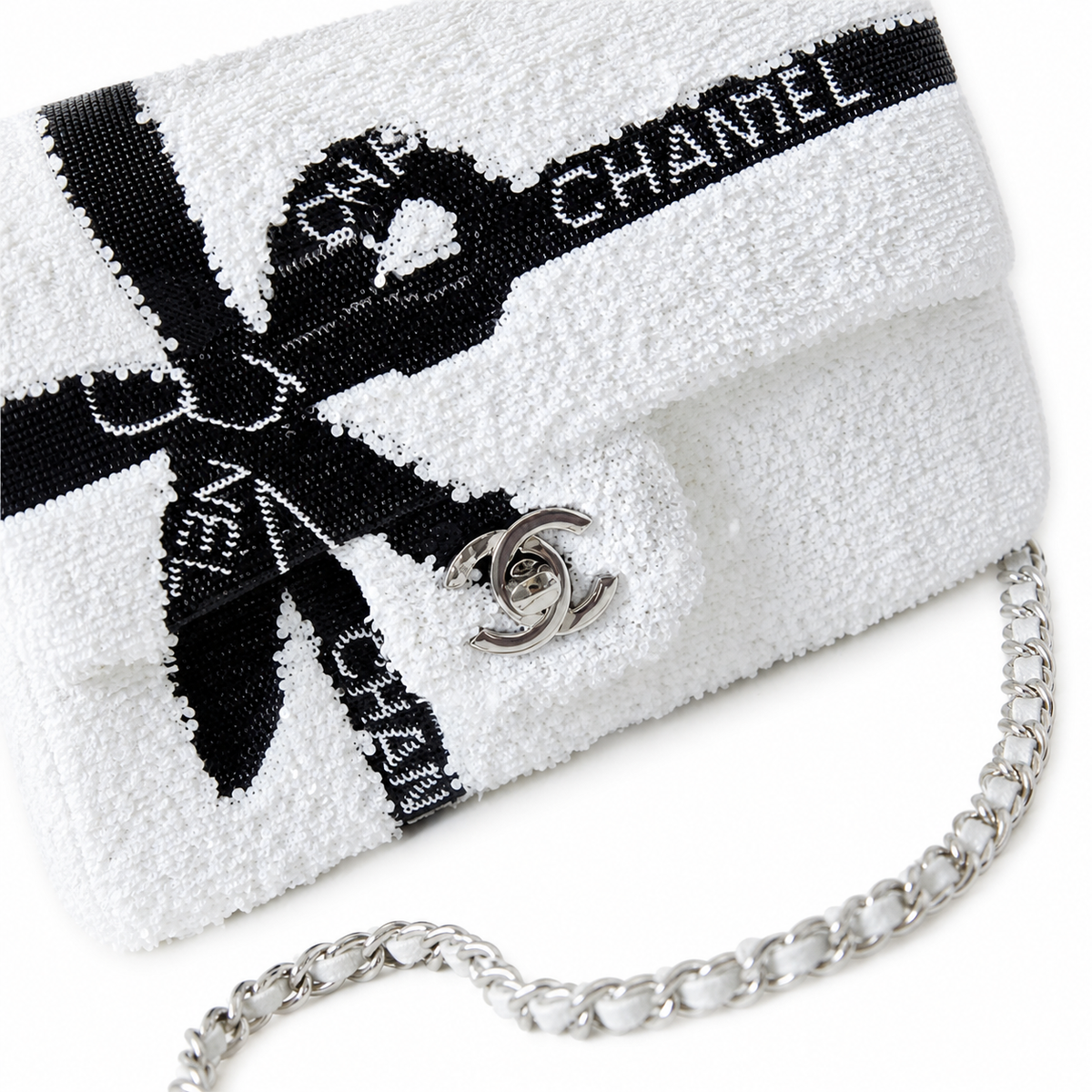 Chanel Ivory Sequin Bow Chain Crossbody Bag
