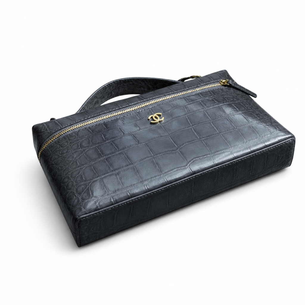 Chanel Croc-Embossed Zip Top Handle Chain Bag in Grey