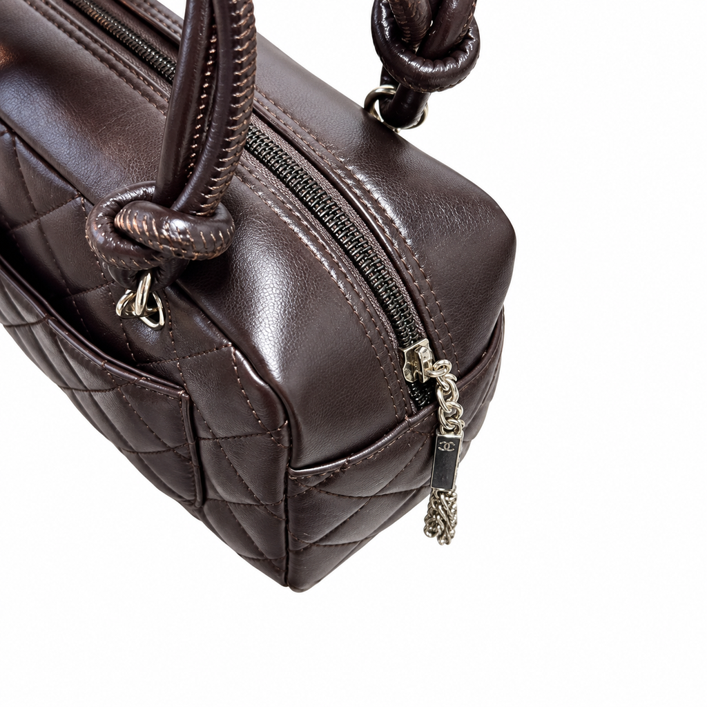 Chanel Cambon Dark Brown Quilted CC Bowler Bag Silver Hardware