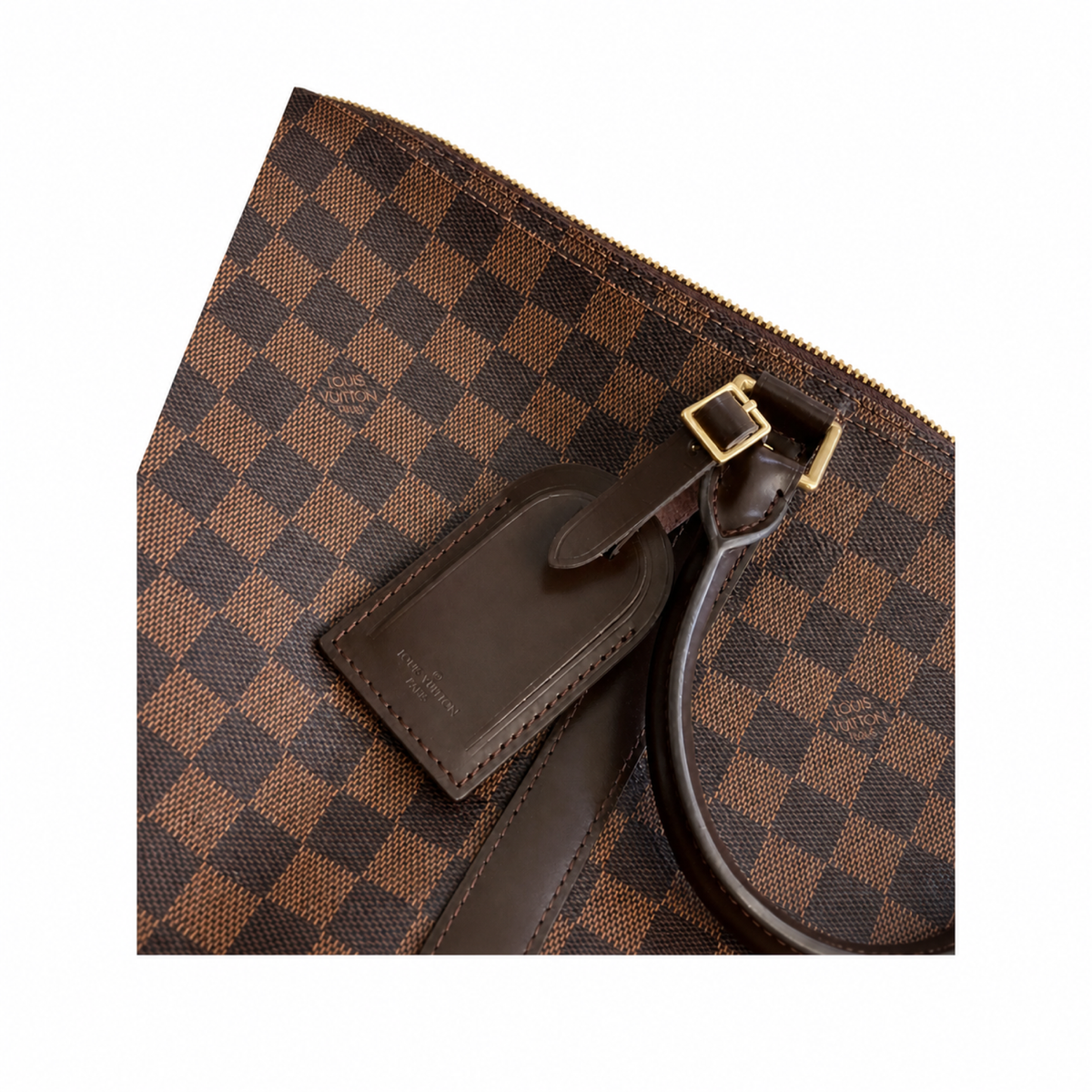 Louis Vuitton Keepall Bandoulière 45 — Damier Ébène, Dark Leather Handles & Gold Padlock