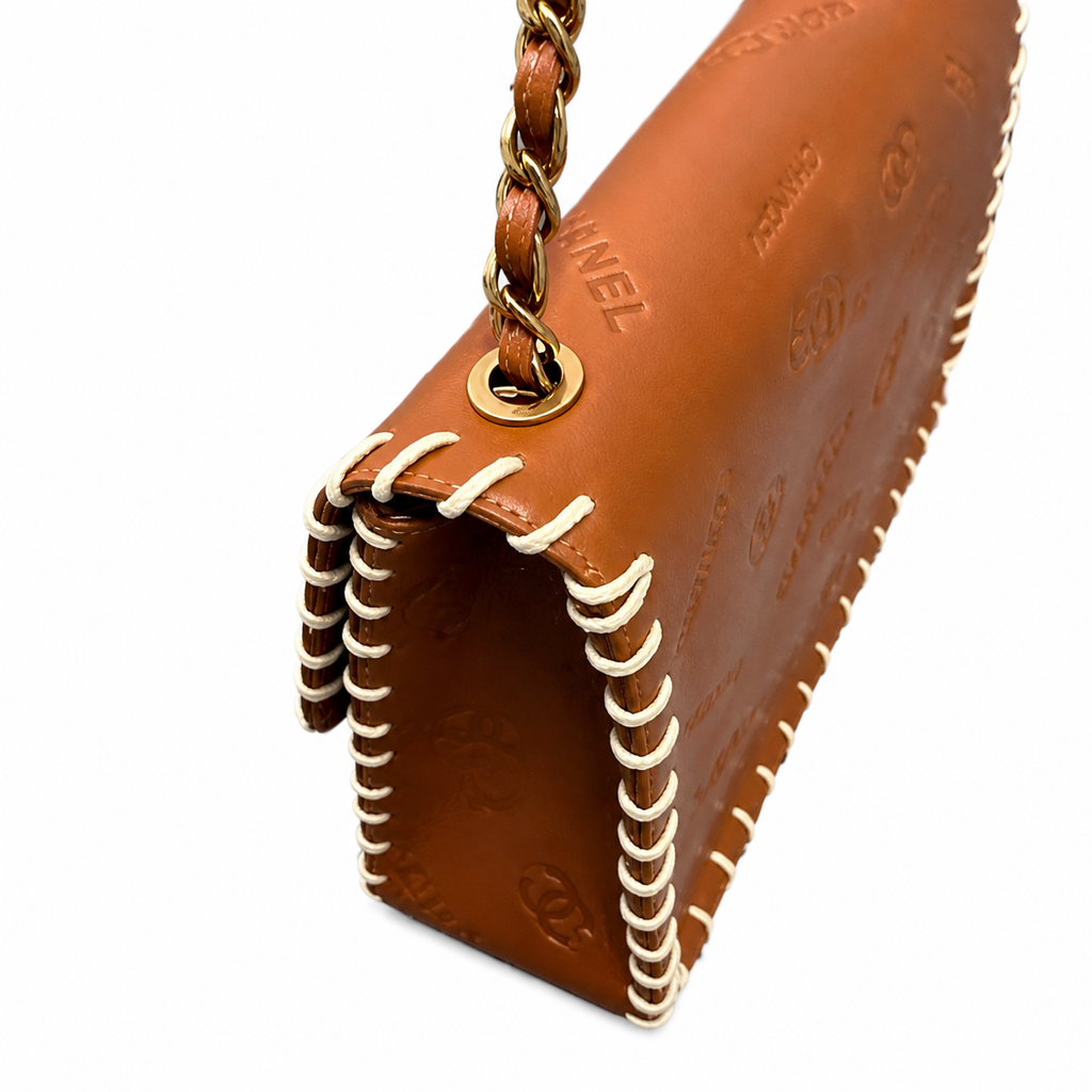 Chanel CC Monogram Embossed Tan Leather Flap Bag Whipstitch