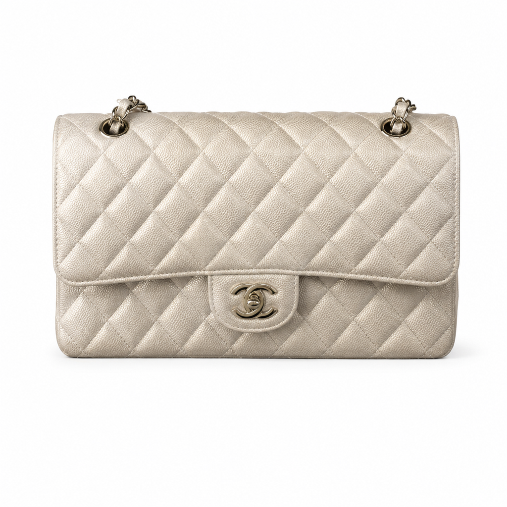 Chanel Classic Double Flap Bag Ivory Caviar Silver Hardware