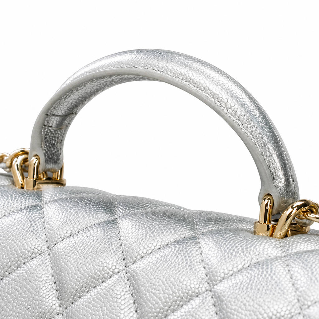 Chanel Classic Flap Top Handle Silver Quilted Gold Hardware