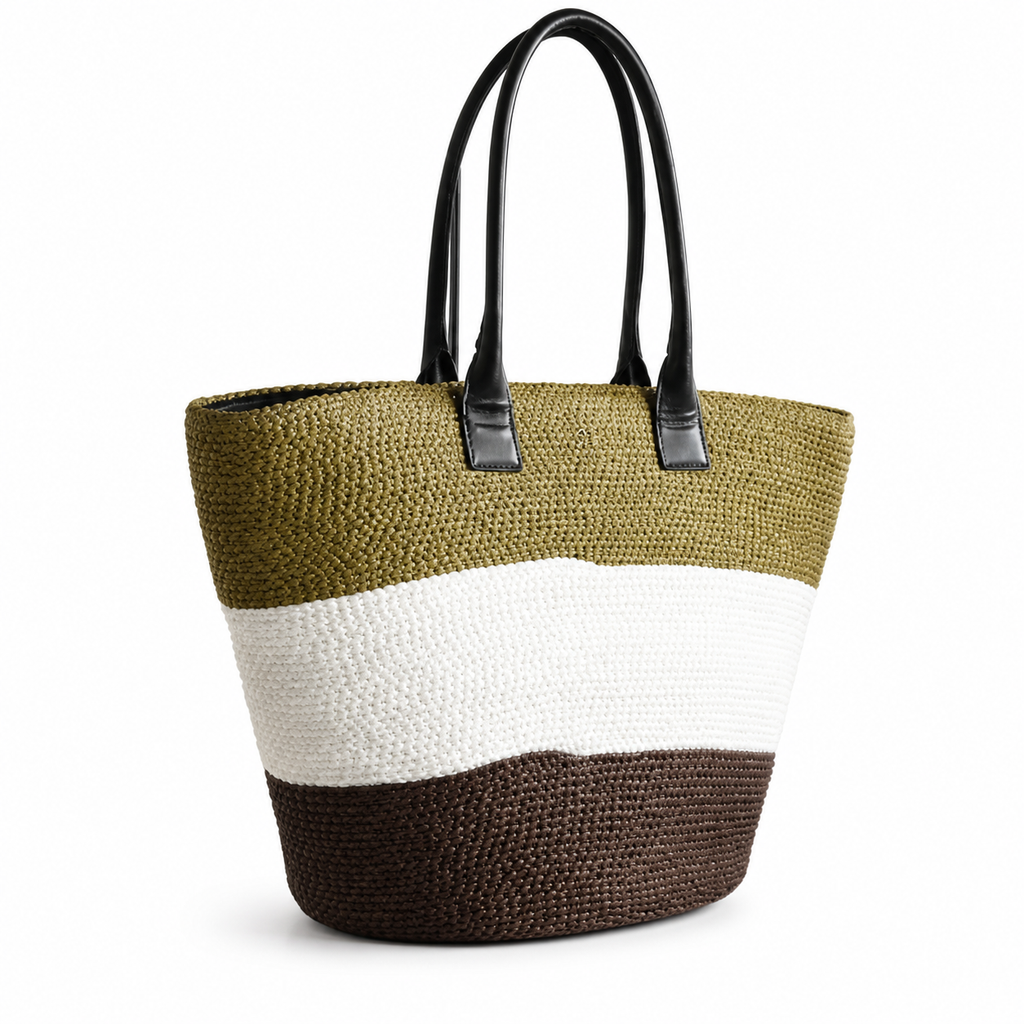 Chanel Striped Raffia Beach Tote Olive White Dark Brown CC