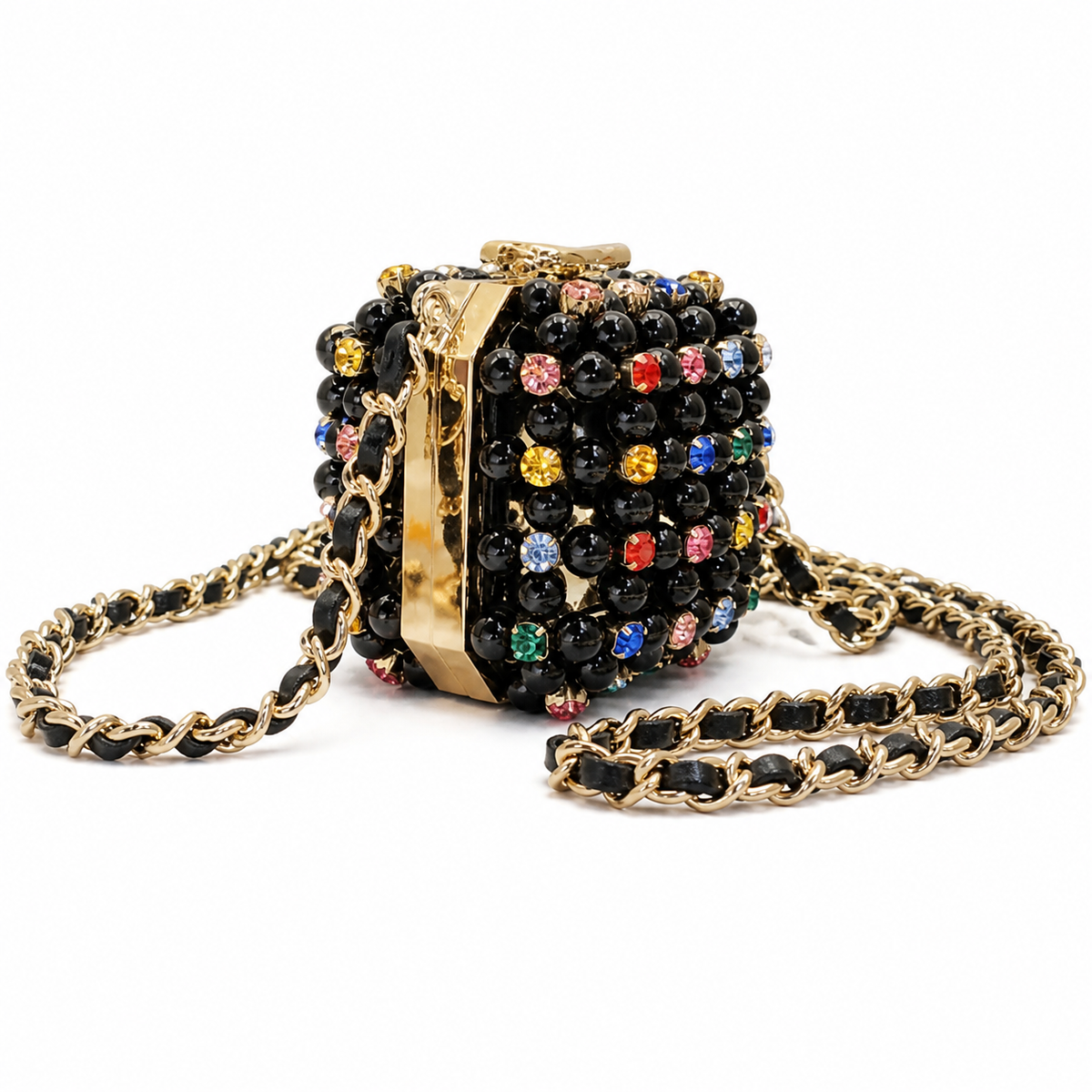 Chanel Black Pearl Multicolor Crystal Minaudière Gold CC Evening Bag