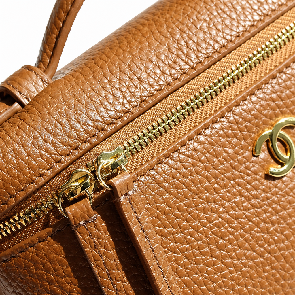 Chanel Tan Caviar Vanity Case Gold CC Top Handle Chain