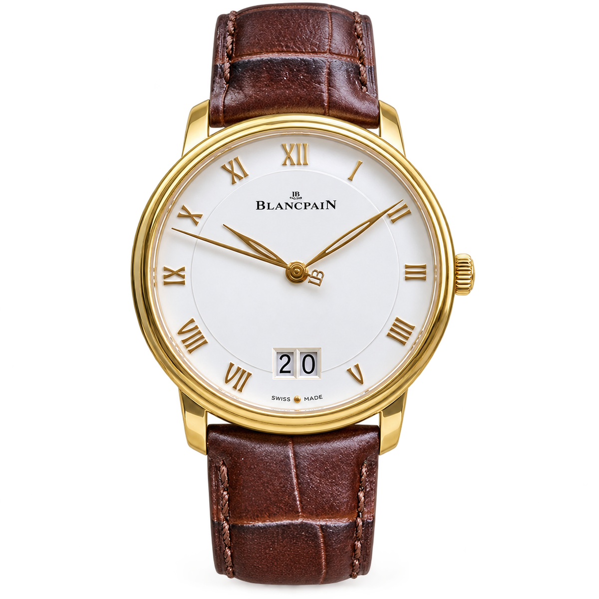 Blancpain Villeret grande date 18k yellow gold white lacquer dial Roman numerals large date brown alligator strap automatic dress watch