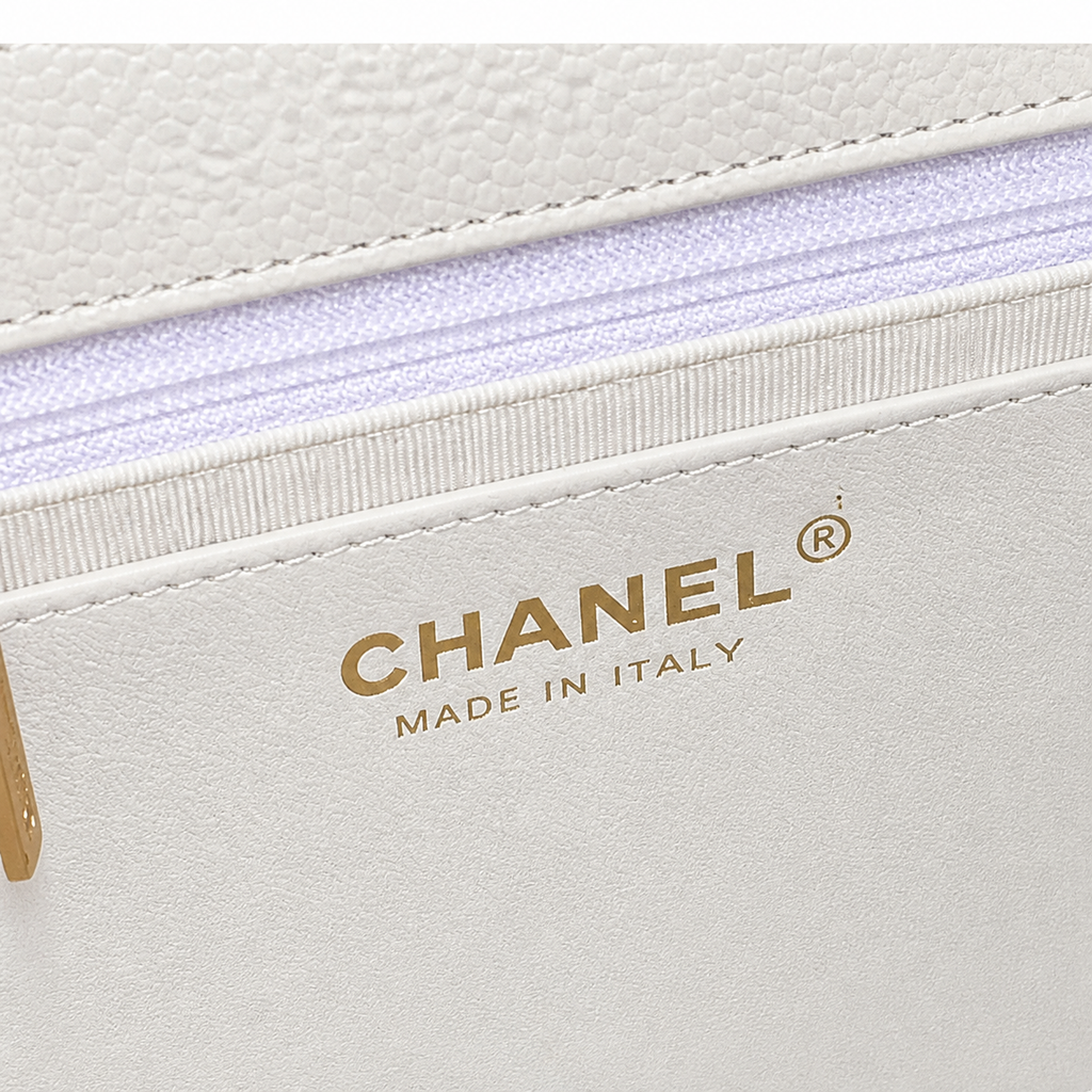 Chanel White Caviar Classic Flap Bag CC Charm