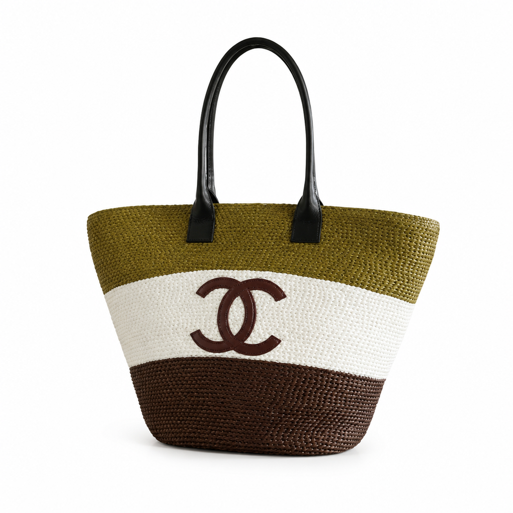 Chanel Striped Raffia Beach Tote Olive White Dark Brown CC