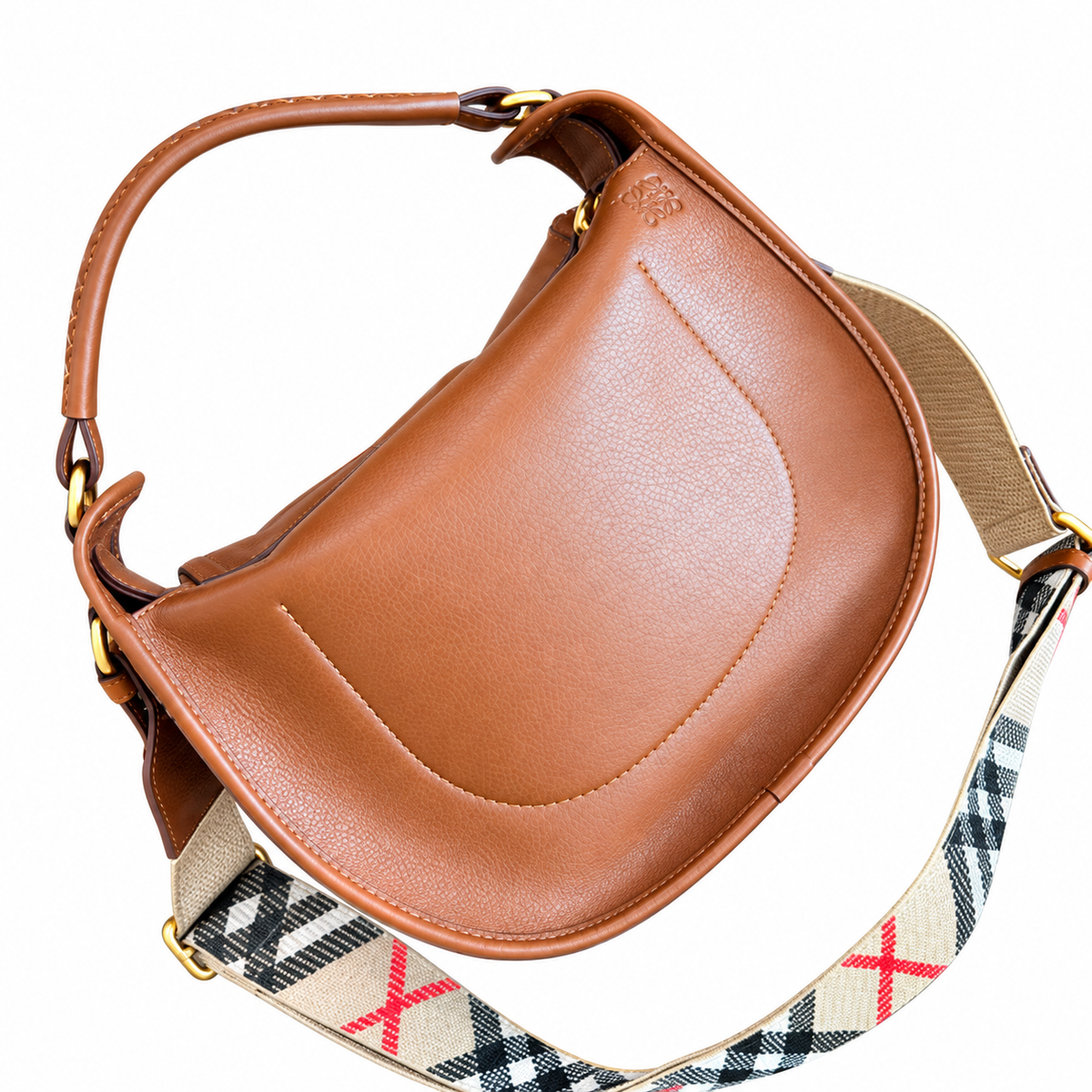 Burberry Cognac Saddle Bag with Check Strap