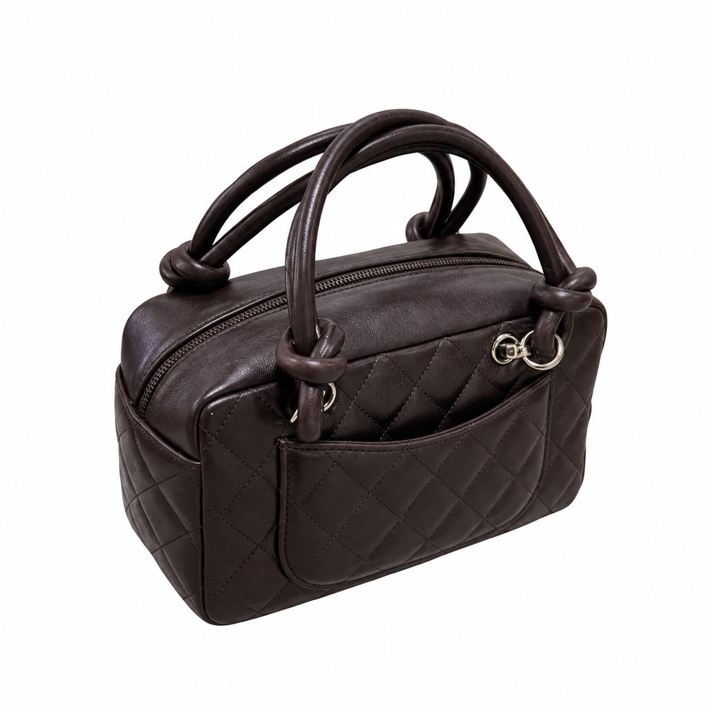 Chanel Cambon Dark Brown Quilted CC Bowler Bag Silver Hardware