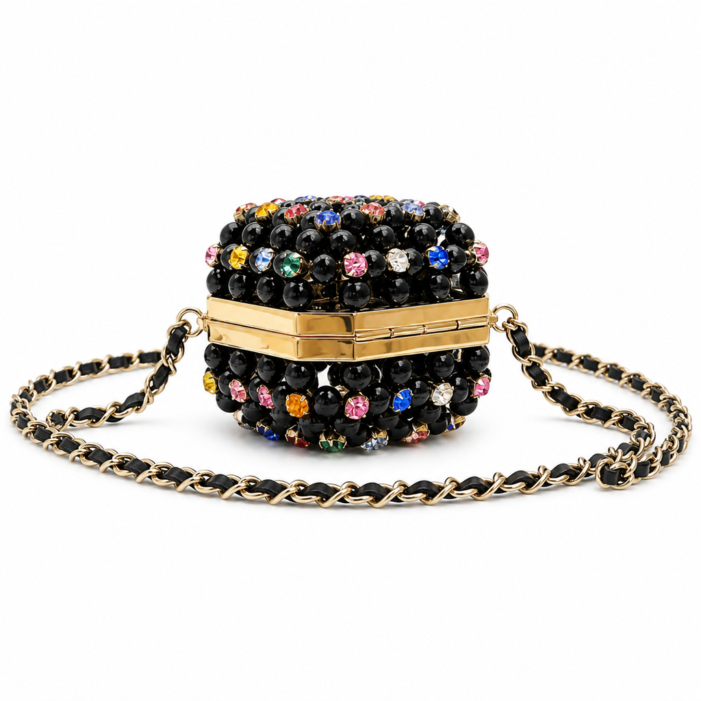Chanel Black Pearl Multicolor Crystal Minaudière Gold CC Evening Bag