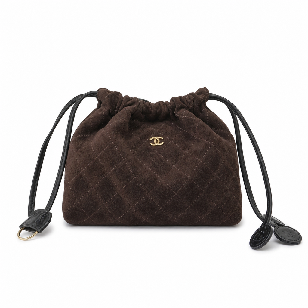 Chanel Quilted Suede Drawstring Bucket Bag Chocolate Gold Hardware