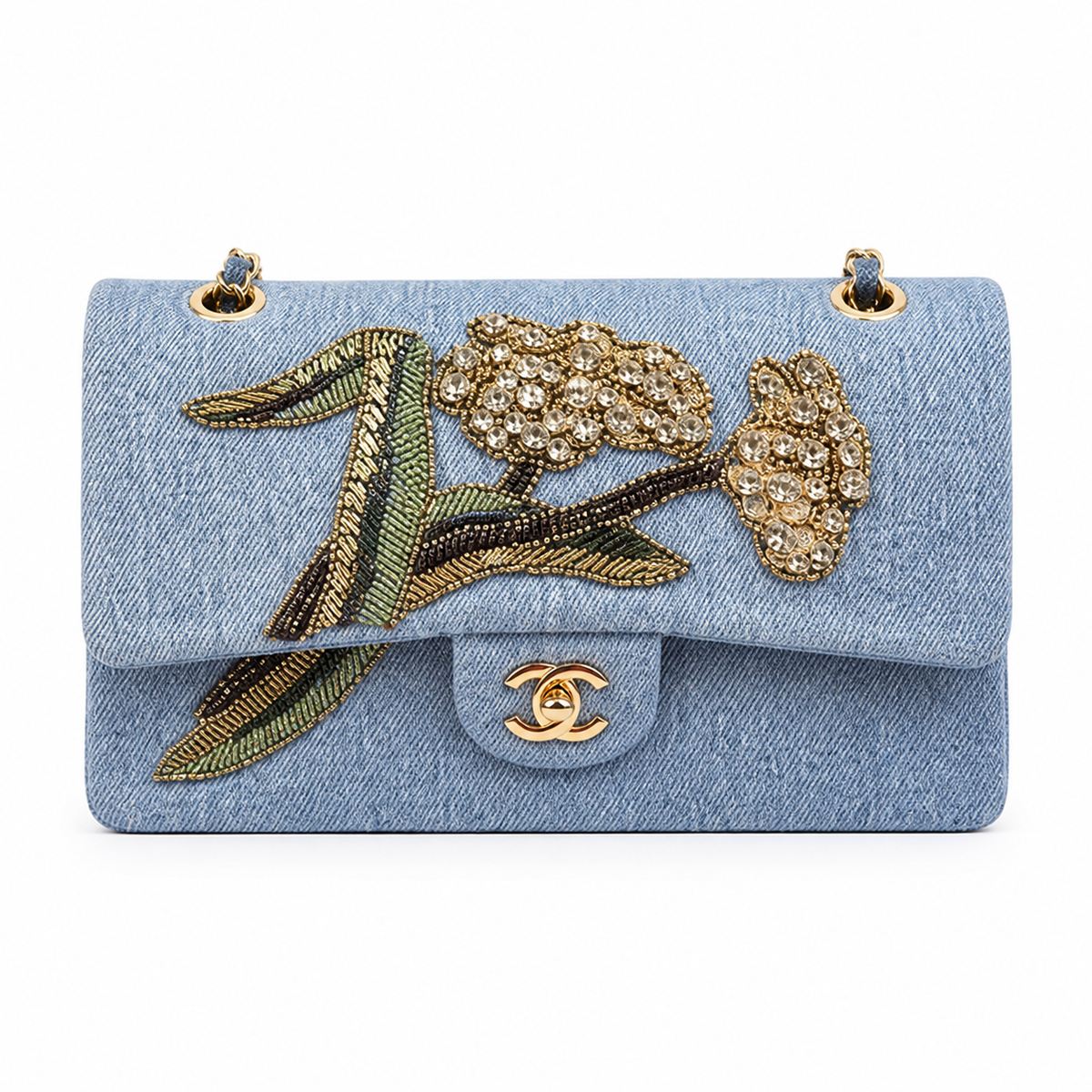 Chanel Denim Classic Flap Crystal Floral Embroidery Gold CC