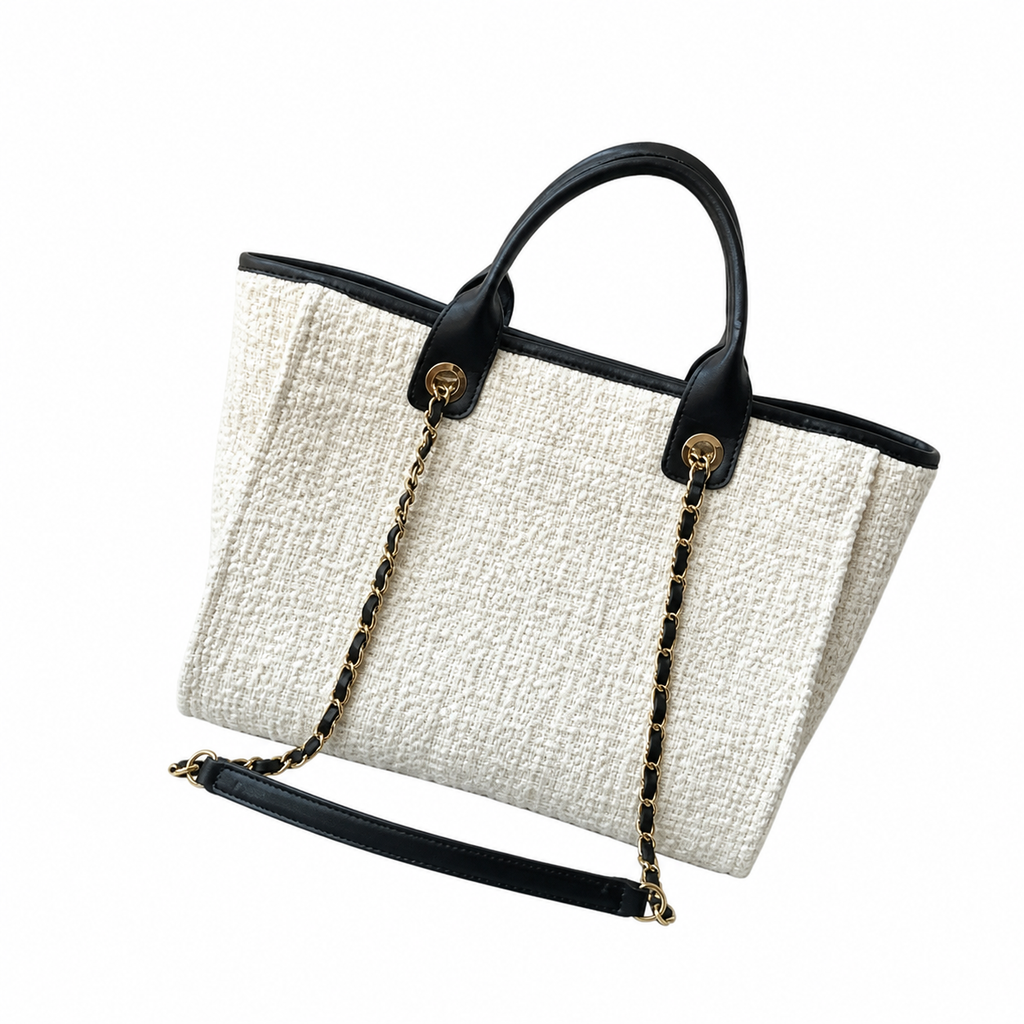 Chanel Deauville Medium Tweed Tote Ivory Black Gold Hardware