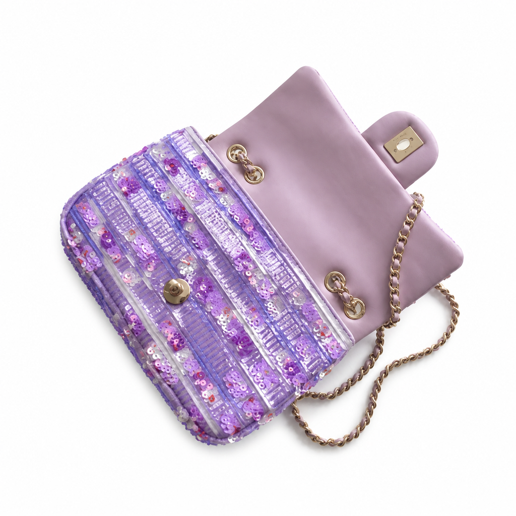 Chanel Sequin Single Flap Bag Lavender Silver Hardware