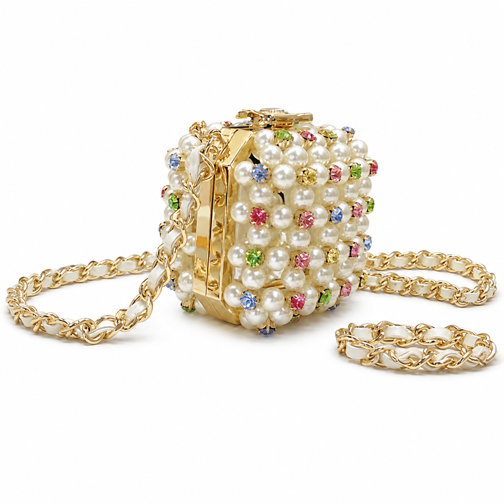Chanel Pearl Multicolor Crystal Minaudière Gold CC Evening Bag
