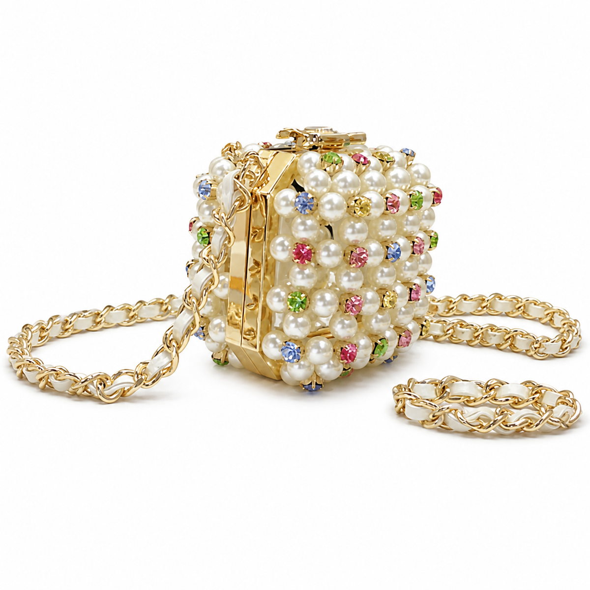 Chanel Pearl Multicolor Crystal Minaudière Gold CC Evening Bag