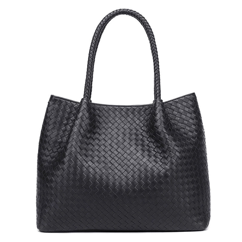 Black Intrecciato Woven Leather Large Tote with Braided Handles